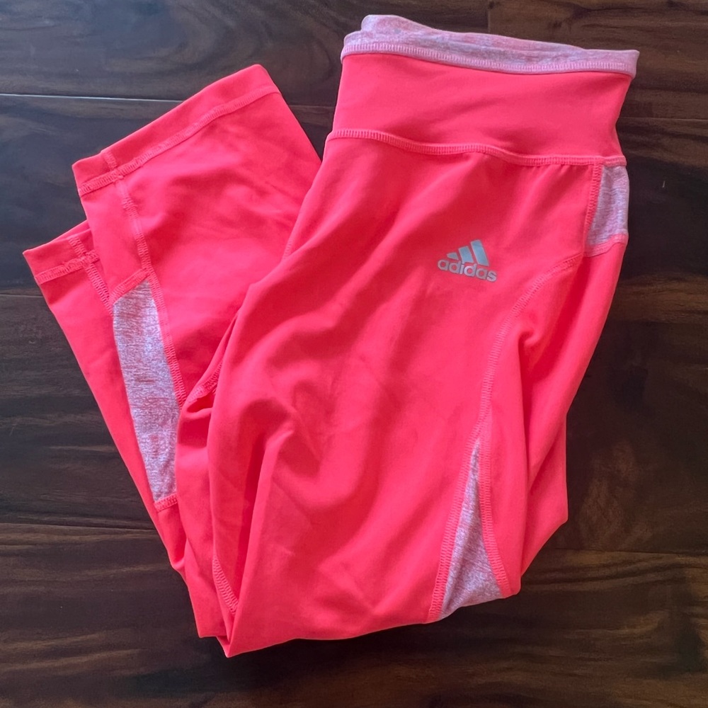 Adidas Climachill 3/4 leggings. Neon Pink with heather pink accents.